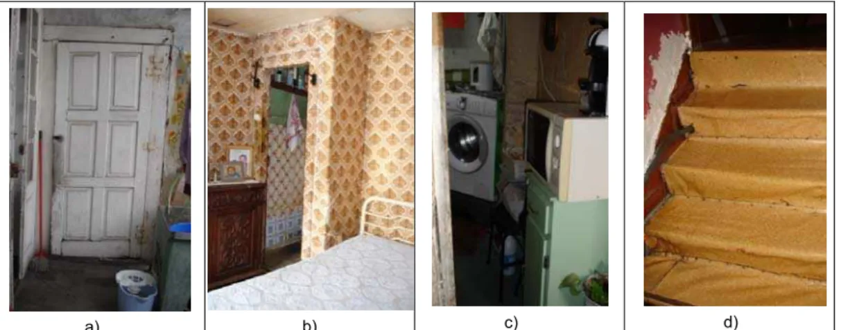 Fig. 8: Fotografias que revelam: (a) falta de privacidade nas instalações sanitárias e (b) quartos  de dormir, e (c, d) difícil acessibilidade nos edifícios e caixas-de-escadas 