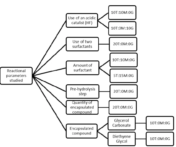 Fig. 20 - Schematic representation of the studies regarding reactional parameters described in this work