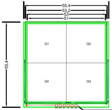 Figure 3.8: Scheme of one detector from Si-ball with the designated quadrants and based on a PCB.