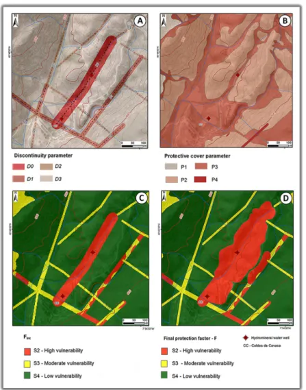 Figure  7.  DISCO  vulnerability  index  from  Caldas  da  Cavaca  aquifer  systems:  (A)  discontinuities  parameter  for  the  hydromineral  water  wells;  (B)  protective cover  parameter for  the  hydromineral  water wells; (C) intermediate protection 