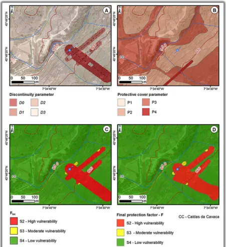 Figure 8. DISCO method applied to a spring at the Caldas da Cavaca site: (A) discontinuity parameter;