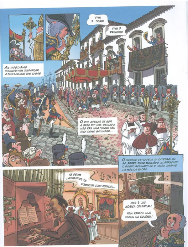 Figura  5:  Schwartz  e  Spacca  (2007:29)  imaginando  através  da  linguagem  dos  quadrinhos uma possível paisagem para a cena de chegada da corte em 1808 que  na imagem criada pelos autores aparece como uma espécie de procissão com todos  o potencial c