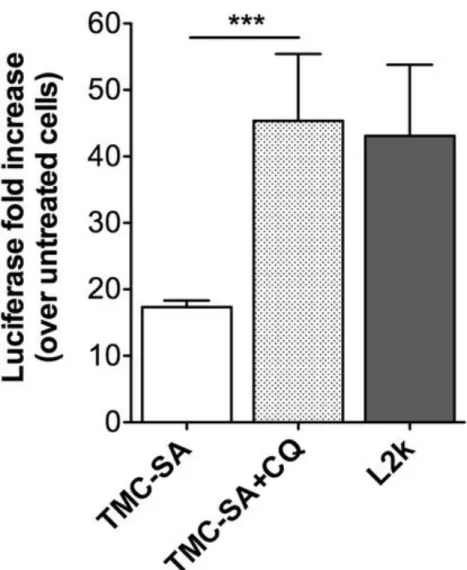 Figure 9. Cells were incubated with TMC-SA/SSO complexes at N/P ratio 80 for 24 h, after which chloroquine (CQ)  was added at a final concentration of 100 μM and incubated for 4 h