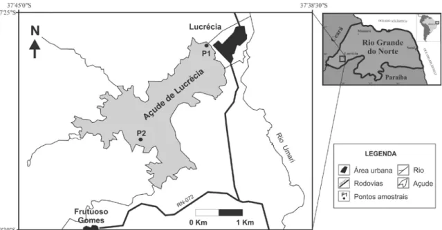 Figura 1. Mapa de localização do açude de Lucrécia na região do médio oeste do  Rio Grande do Norte