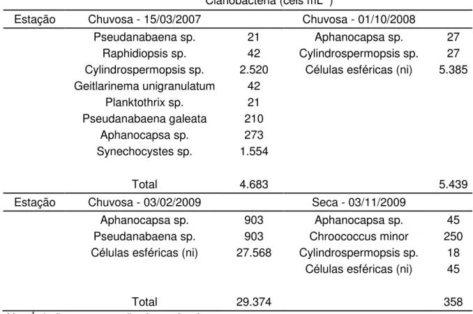 Tabela 1. Densidade de cianobactéria (cels mL -1 ) das amostras de água de 