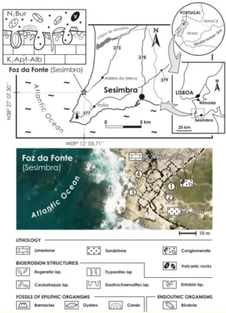 Figura 1.2.2 – Caracterização da zona de estudo, com a localização geográfica, disposição dos   blocos a estudar e toda a informação geológica [Cachão et al., 2010]