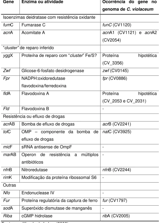 Tabela  1.  Genes  induzidos  pelo  sistema  SoxRS  em  E.  coli  e  a  ocorrência  no  genoma de C