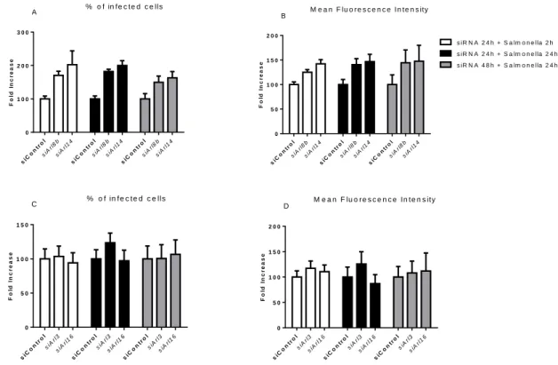 Figure  10:  Arl3,  Arl8b,  Arl14  and  Arl16  silencing  using  specific  siRNAs  in  SPI2-expressing  Salmonella-infected  macrophages