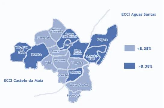 FIGURA  4:  Distribuição  das  freguesias  com  a  proporção  de  famílias  que  integram  dependentes no autocuidado, por ECCI 