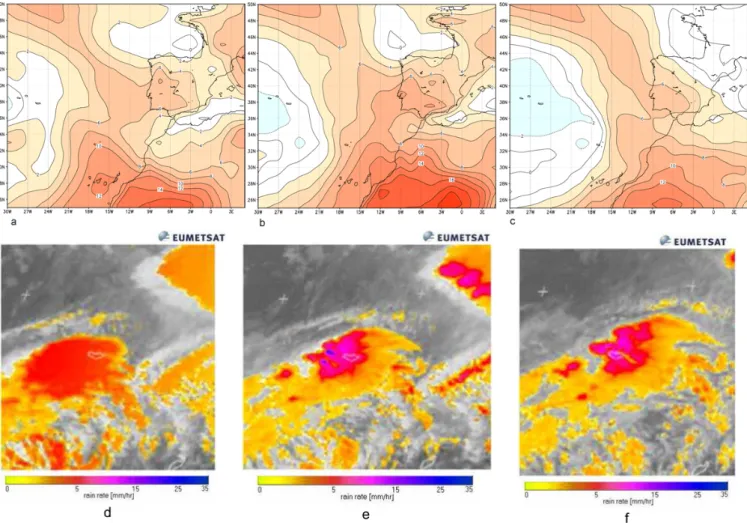 Fig. 7. Thermodynamic instability and mesoscale precipitation systems over the Madeira Atlantic sector: (a–c) Lifted index distribution over the Madeira Atlantic sector at 00:00, 06:00 and 12:00 UTC (units in ◦ C, source: ERA-Interim reanalysis, ECWMF); (d