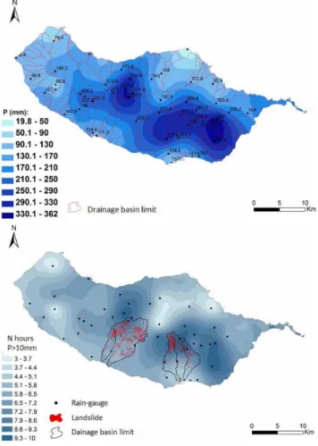 Fig. 5. (a) Total daily precipitation in Madeira (00:00–24:00 UTC), 20 February 2010. The map is based on data from the same  rain-gauge network represented in Fig