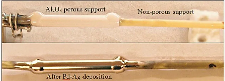 Fig.  3.  Images of  the  ceramic support,  capped  with  the  sol–gel-deposited  YSZ-  -Al2O3  layer (top) and after the deposition of  the  Pd –Ag thin  ﬁlm   (bottom)