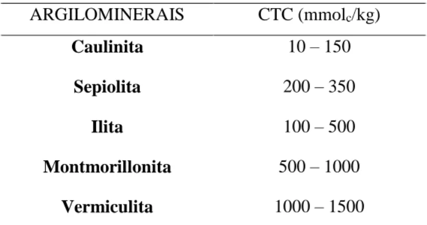 Tabela 1 - Capacidade de troca catiônica de alguns argilominerais. 