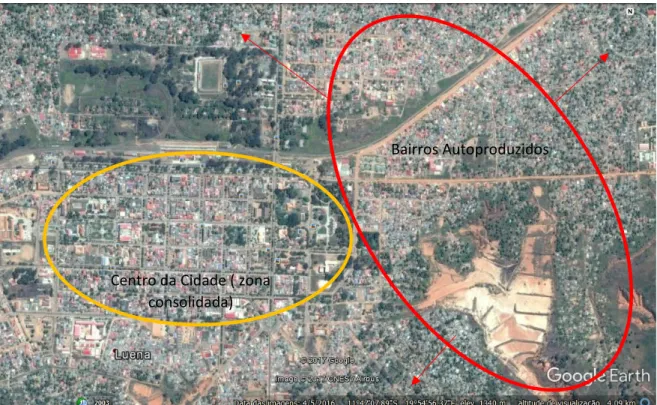 Figura 17 - Ortofotomapa da cidade do Luena e expansão  Fonte: Google Earth, trabalhado pelo Autor (2017)
