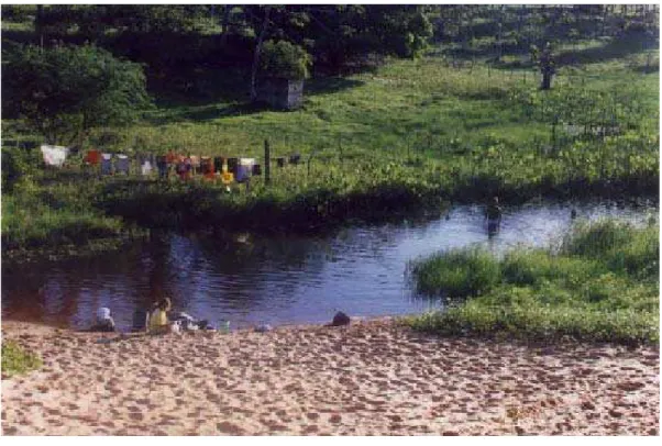 Figura 5: Uso antrópico, comunidade ribeirinha utiliza o Rio Pitimbu para  diversos fins (Banho, lavagem de roupa e de animais)