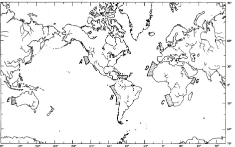 Figure  1.1  –  Areas  of  the  world  where  supercritical  flow  might  be  expected  to  occur  in  the  marine  atmospheric boundary layer (from Winant et al