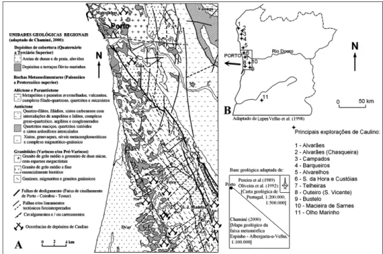 Fig. 2. Enquadramento regional. A) Esboço geológico da faixa metamórfica de Porto-Albergaria-a-Velha, com  as ocorrências de caulino (base geológica adaptada de ChAMINÉ, 2000); B) Principais ocorrências de caulino  no Nw de Portugal (adaptado de LOPES VELh