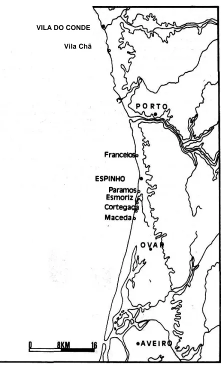 Fig. 1 — Esboço de localização. O traçado da curva de nível dos 50 m pretende dar  uma ideia do desenvolvimento da planície litoral