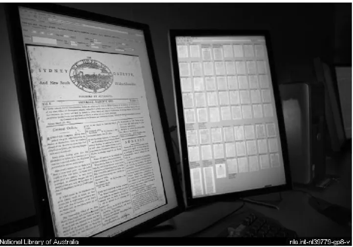 Figure 2 -  Cover of  the Sydney Gazette: Australia’s first newspaper published in 1803,  as a digital image displayed  on a monitor in the QA room