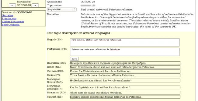 Figure 2: SIGA interface for creating topics: The screenshot was taken after the topic had been translated, which is of course artificial in that during creation the other language slots are void