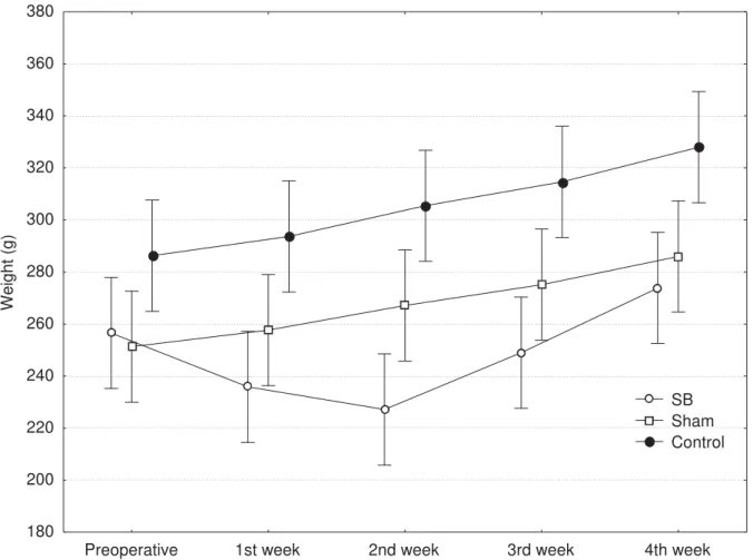 FIGURE 1 – Mean weight of rats in each group and postoperative period 