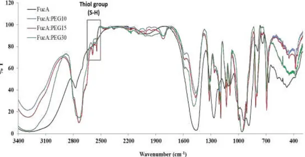 Figure  3.  Infrared  of  fucan  A  and  nanogels  FucA:PEG10,  FucA:PEG15, 