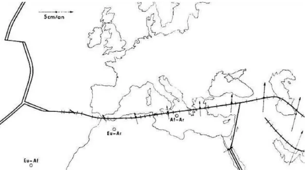 Figura 1. 3 – Fronteira entre as placas tectónicas Euro-asiática e Africana (Geografia física de Portugal, 2009)