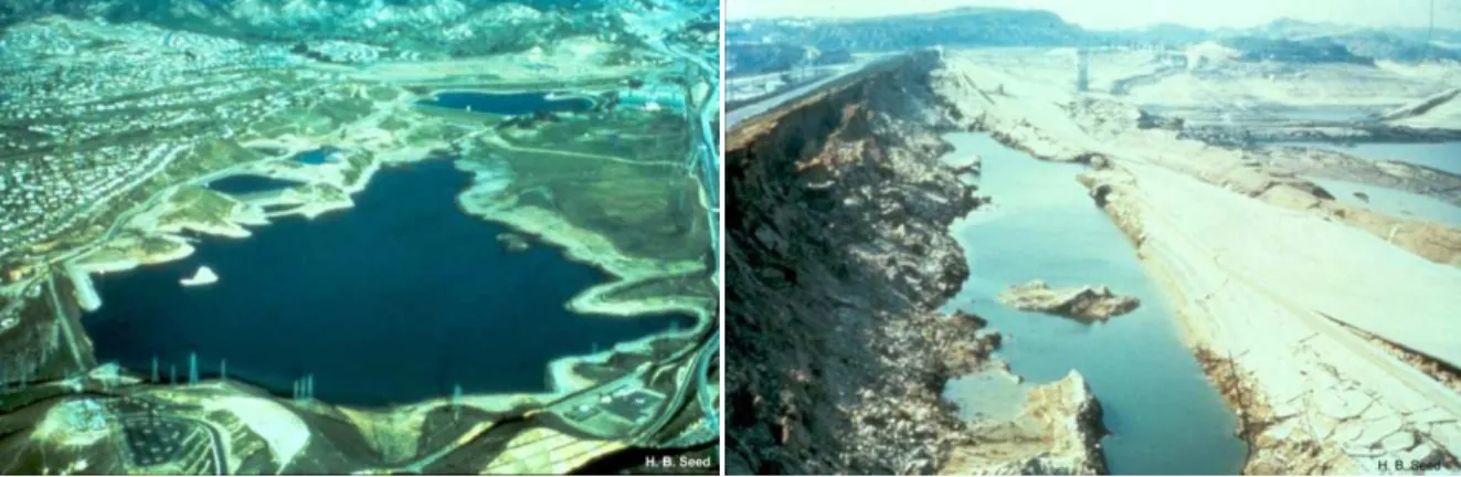 Figura 2. 6 – a) Barragem de São Fernando intacta; b) destruição do talude de montante devido à liquefacção