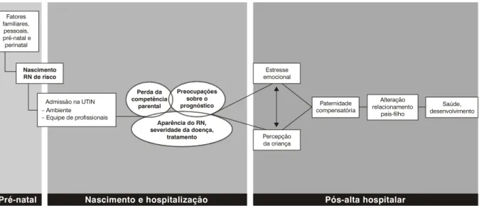 Figura 1 - Repercussões do nascimento e da hospitalização do recém-nascido (RN) para pais e familiares (adaptado de Miles &amp; Holditch-Davis 2 )