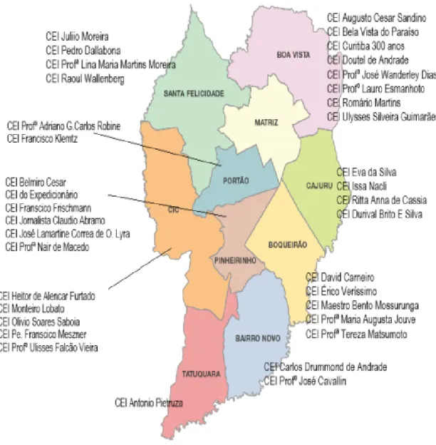 Figura 1 - Localização das Escolas de Tempo Integral no município de Curitiba que participaram da pesquisa