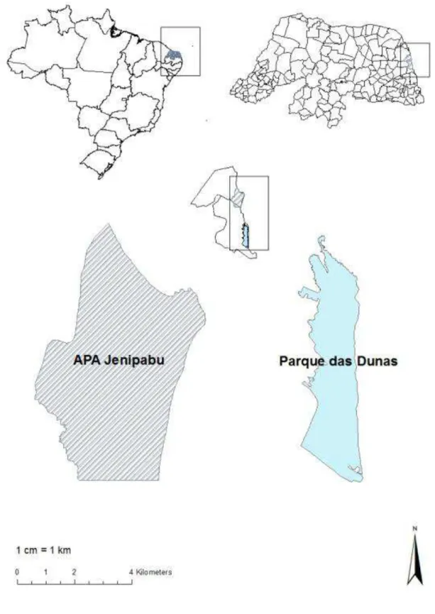 Figur a  1:  Mapa  de  localização  das  Unidades  de  Conservação  em  estudo  -  Área  de  Proteção  Ambiental  Jenipabu  (APAJ)  e  Pa rque  Estadual  das  Dunas  de  Natal  (PEDN),  no  estado  do  Rio  Grande  do  Norte,  Brasil