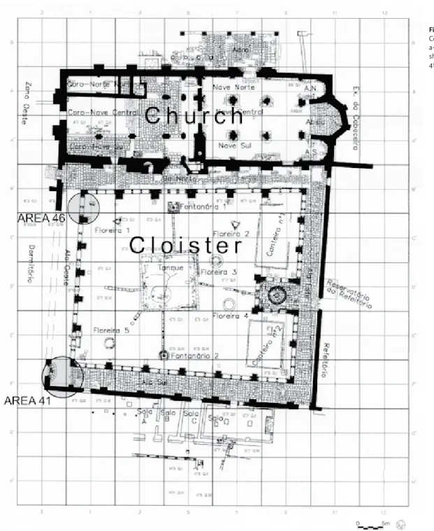 Figure 2.  Plan of the  Convent of Santa  Clara-a-Velha. The grey circles  show excavated areas  41 and 46 