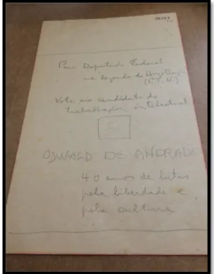 Figura 10: Rascunho feito por Oswald de Andrade para a composição da arte do “volante”,  parte do material de campanha de sua candidatura