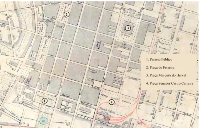 Ilustração 1: Detalhe destacando as praças que marcam a área de maior movimento de sociabilidade e lazer da  capital  cearense  no  início  do  século  XX