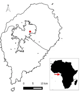 FIGURE 2.1  –  Map of São Tomé Island. The red arrow in the inset indicates the location of São Tomé, in relation to  mainland Africa