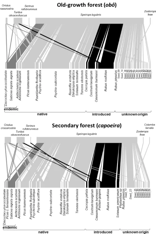 FIGURE 3.2 - Visualization of the seed dispersal network by understorey birds of São Tomé ’ s main montane habitats: old- old-growth forest (obô) and secondary forest (capoeira)