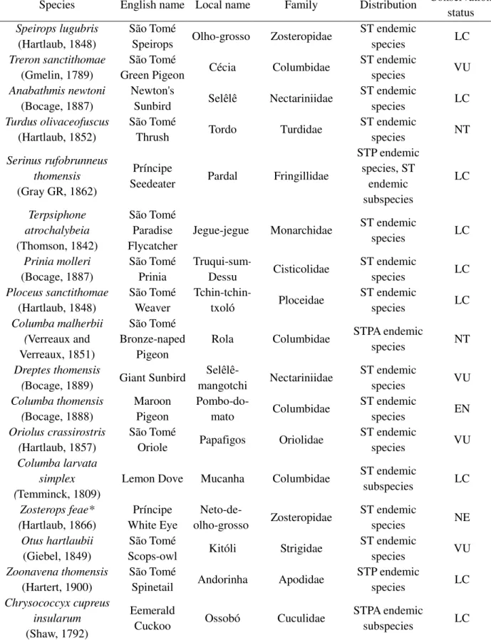 TABLE  7.1  – Details on bird species  mentioned in the text. ST refers to São Tomé, P to Príncipe and A to Annobón