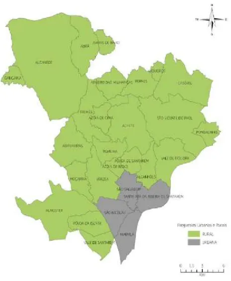 Figura 3 – Freguesias urbanas e rurais do Concelho de Santarém