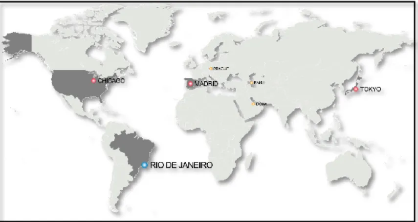 Figura 8 - Mapa das cidades candidatas para sediar os Jogos Olímpicos e Paralímpicos de 2016  (Fonte: por Felipe Menegaz, CC BY-SA 3.0, https://commons.wikimedia.org/w/index.php?curid=9968666) 