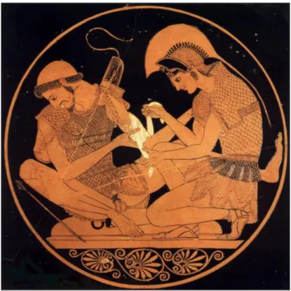 FIGURA 1 – Imagem de Aquiles cuidando dos ferimentos de Pátroclo. Prato de figuras  vermelhas, séc