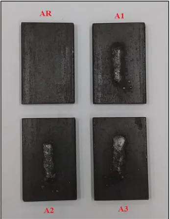 Figure 3 - Samples: AR – default sample; A1, A2 and A3 – welded samples 