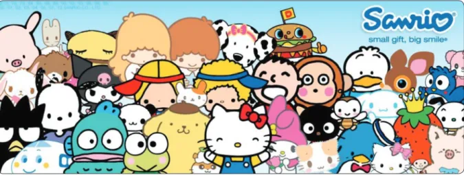 Fig. 5. algumas das principais personagens Sanrio – nomes e datas de criação, da esquerda para a direita, de cima  para baixo: Pippo - 1993 (porco), Marron Cream -1985 (coelha), Nyago - 2000 (gato amarelo), Little Twin Stars –  Lala e Kiki - 1975 (menina e