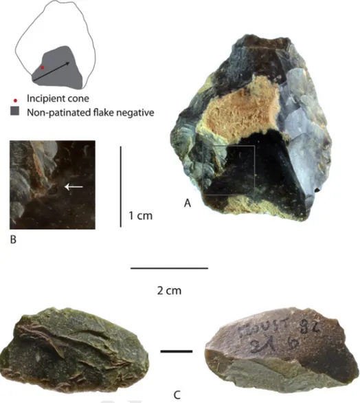 Fig. 9. Le Moustier, layer H: (a) biface (collection Peyrony) recycled as a core, note the clearly different surface aspect of the ﬂake negative, an ! eclat d! ebordant, and the incipient bulb (b) indicating an attempt to remove a second ﬂake; (c) notch (c