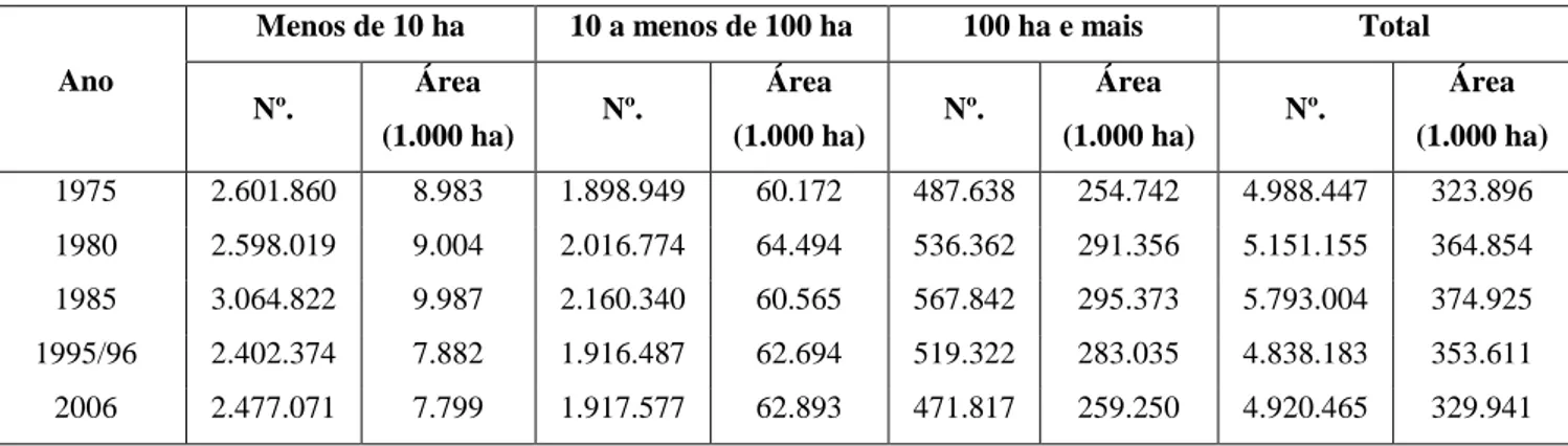 Tabela 10  – Número e Área Total dos estabelecimentos agropecuários com declaração  de área, conforme três estratos de área 