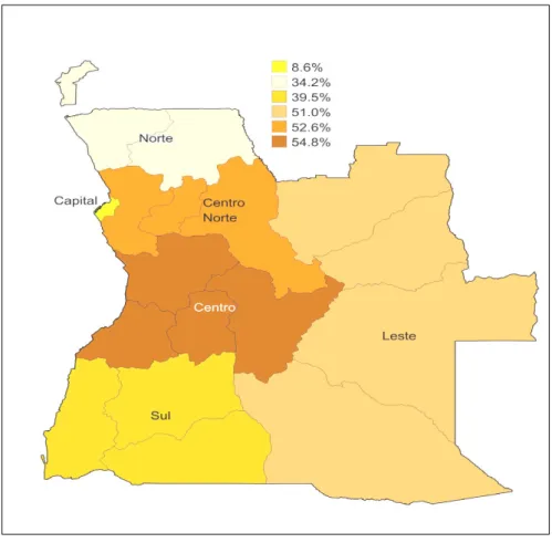 Figura 9: Mapa de Incidência da Pobreza por Região de Angola Fonte: IBEP – 2010