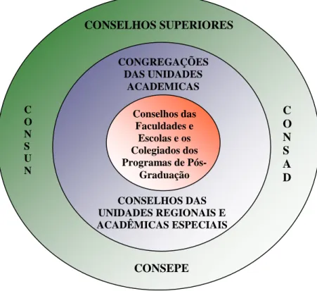 Gráfico 1 - Demonstração das instâncias de deliberação colegiada da UFPA.  Fonte: Modelo adaptado de Motta (2003, p