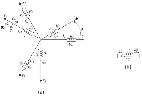 Figura 4.1: Máquina simétrica trifásica (a); convenções utilizadas para as grandezas da máquina em uma bobina (b).