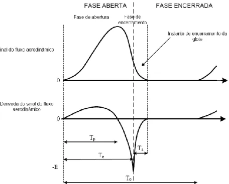 Figura 2.4 – A forma de onda de cima representada o sinal do fluxo aerodinâmico ao longo de um  ciclo vibratório das pregas vocais e a forma de onda de baixo representa a derivada desse sinal