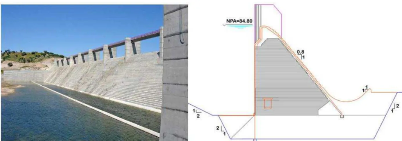 Figura 2.1. Descarregador de betão armado moldado in-situ (BCC). Fotografia e corte transversal referente à  Barragem de Pedrógão