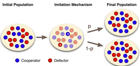 Figure 3.2: This scheme depicts the pairwise comparison rule on well-mixed and finite populations